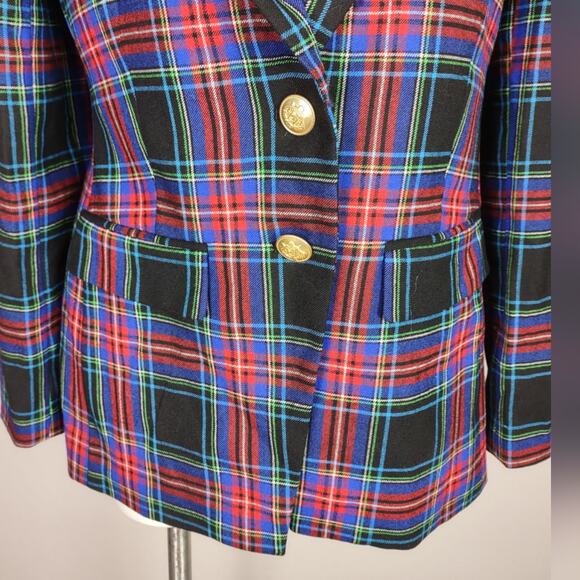 J. Crew Black Red Blue Nipped in Blazer Stewart Tartan Wool Blend Plaid Size 6 - Picture 11 of 16